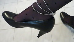 elegant black &quot_GABOR&quot_ high heels, silver anklet and black pantyhose - shoeplay by Isabelle Thumb