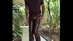 Man masturbating in his brown leather pants Thumb