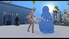 This girl does not mind being in her underwear on her terrace making a snowman Thumb