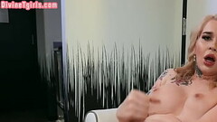 Solo bigtitted blonde shemale masturbates with dildo toy Thumb