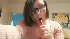 Teen Amateur Tranny Anallisa alone at home - she sucks dildo, lick her cum and fucks her pussy with  Thumb