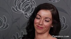 Flirty babe gets cum load on her face sucking all the jism Thumb